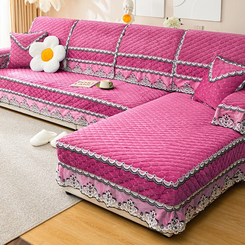 高档毛绒布艺加厚防滑耐脏耐磨全包百搭欧式蕾丝定制扶手巾坐垫