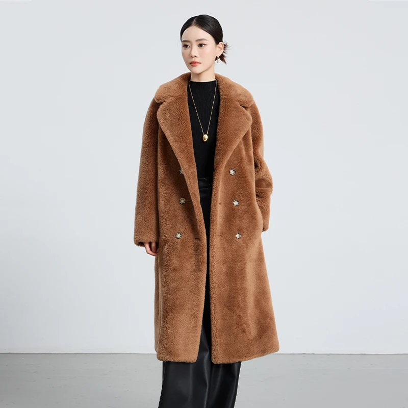 2024年新款冬季羊剪绒大衣颗粒绒羊羔毛外套女中长款皮毛一体加厚