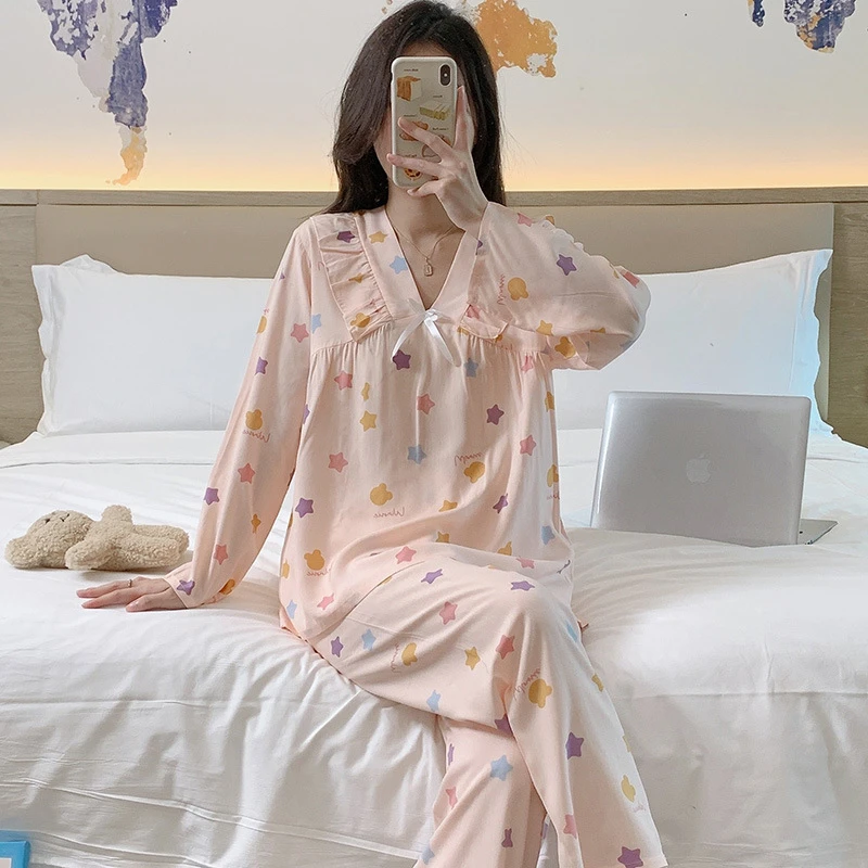 女款绵绸睡衣长袖长裤甜美可外穿家居服