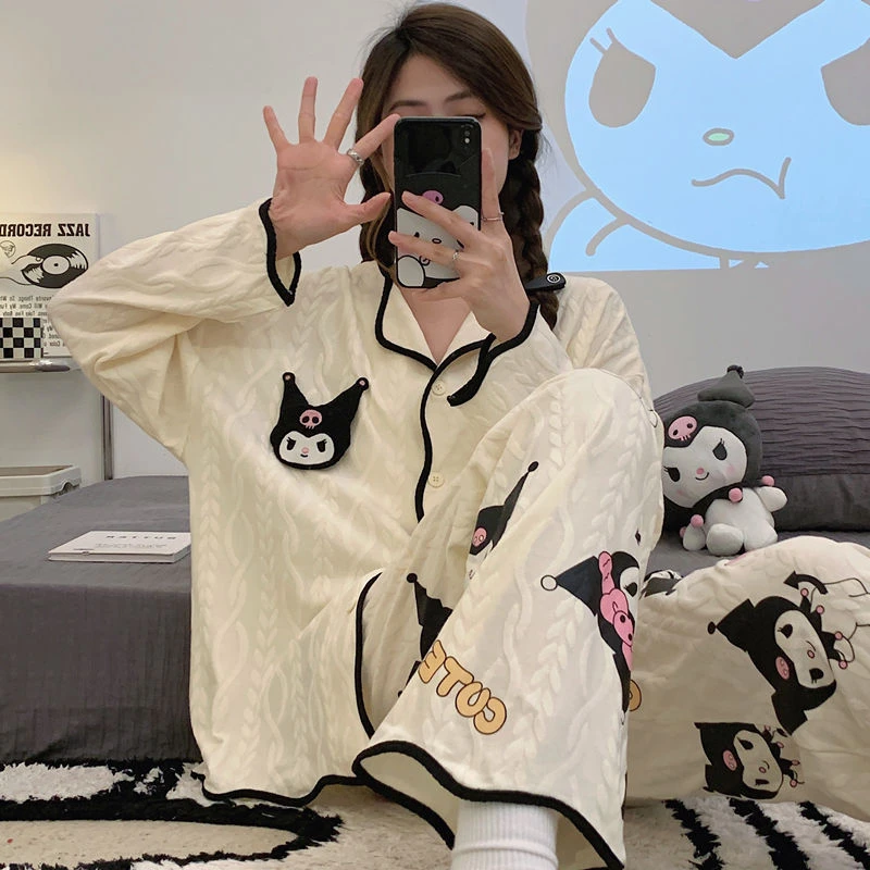甜美可爱睡衣女春秋长袖长裤开衫薄款家居服套装
