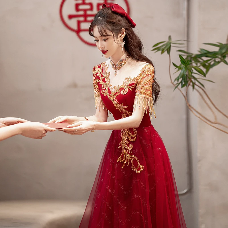 中式敬酒服新娘跨境感结婚回门便装酒红色夏季日常订婚礼服女婚纱