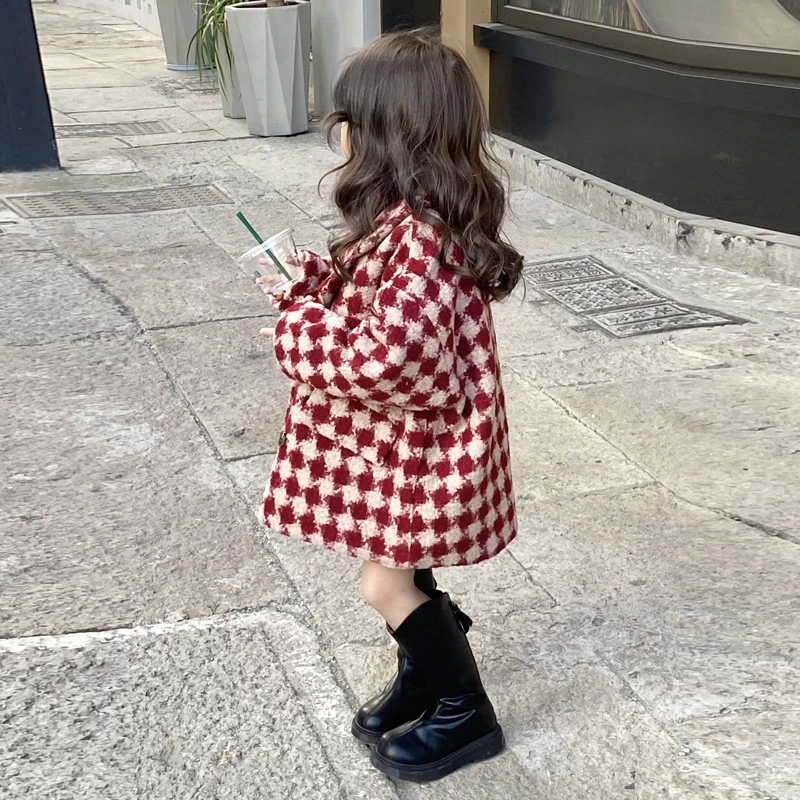 女童夹棉呢子大衣2023冬红色年服加厚格子外套洋气毛呢大衣韩版