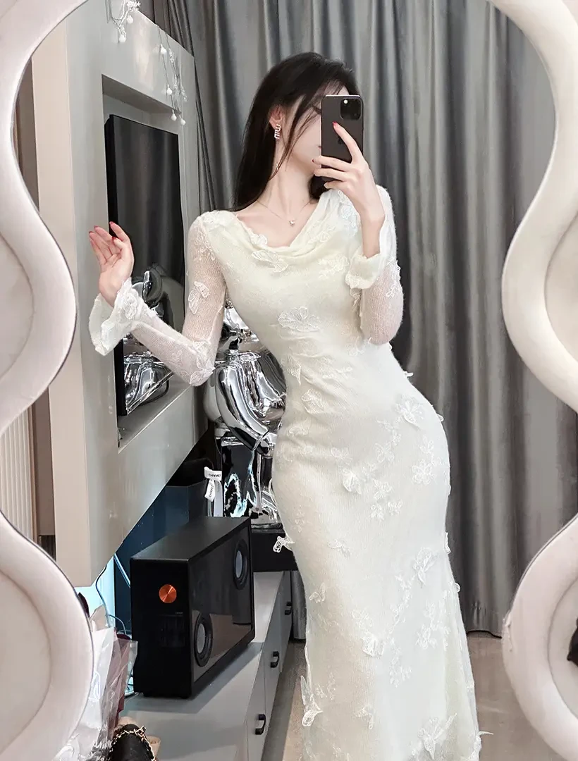 【雅乔定制】含香 蝴蝶荡领长袖针织连衣裙DYLL-23096057
