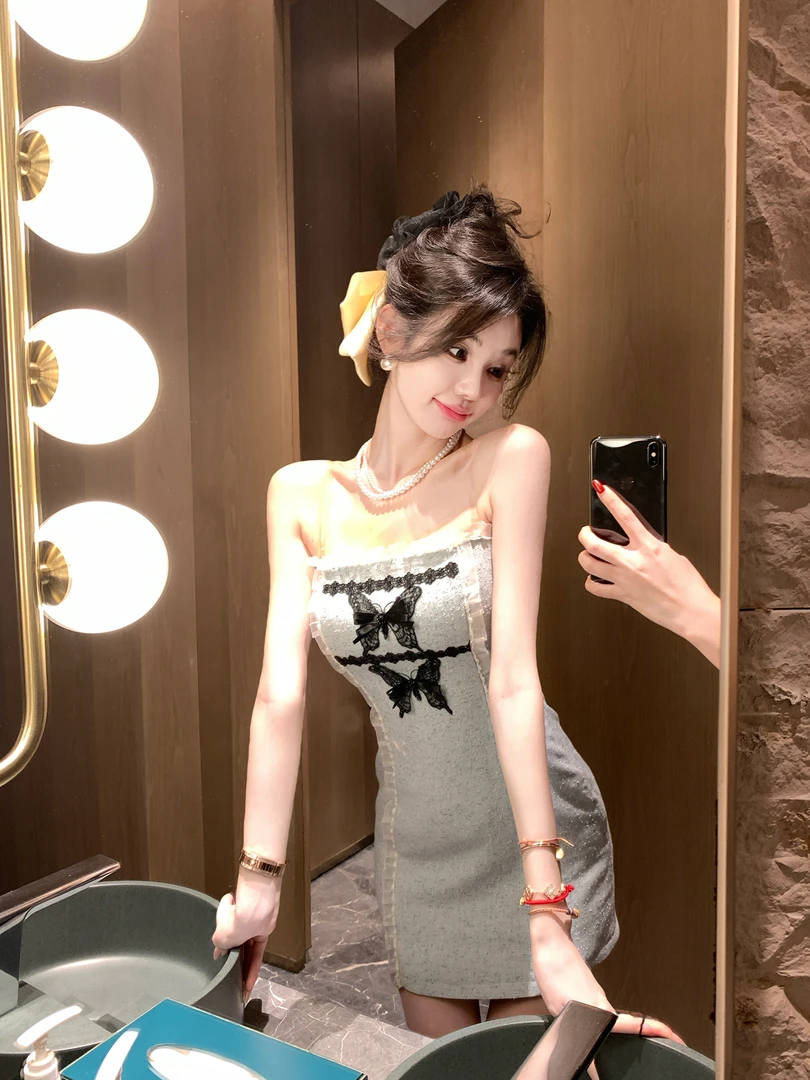 【雅乔定制】法式千金 蓝色蝴蝶结小香抹胸连衣裙DYTH-24043394