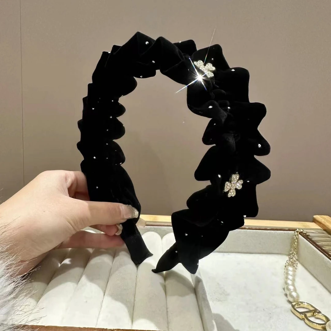 四叶草幸运新年褶皱发卡头箍女高级感黑色气质外出百搭发箍发夹