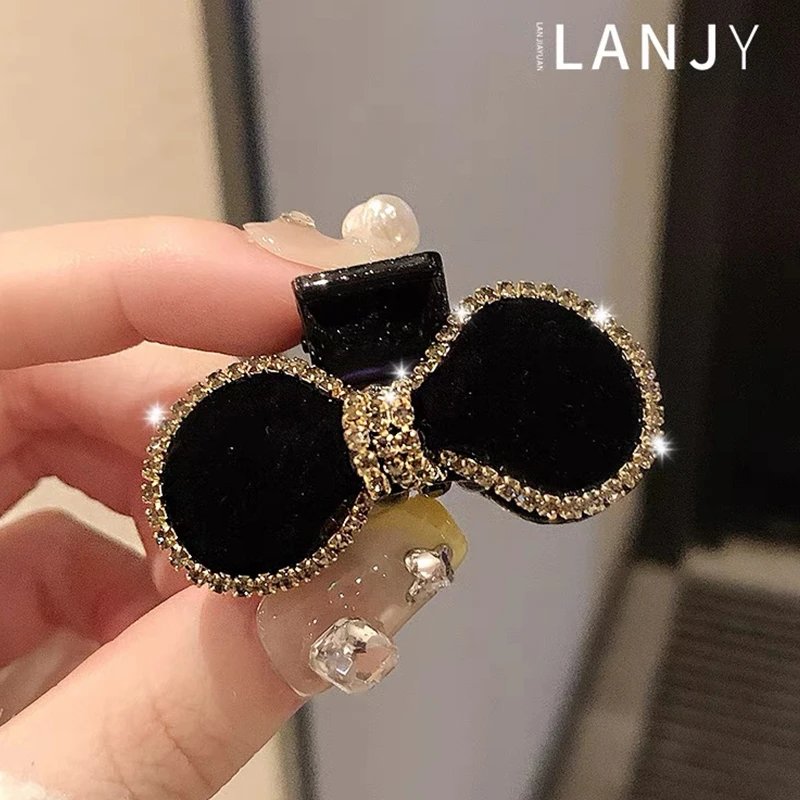 布艺发饰 复古丝绒黑色蝴蝶结抓夹秋冬公主头发夹侧边刘精致百搭