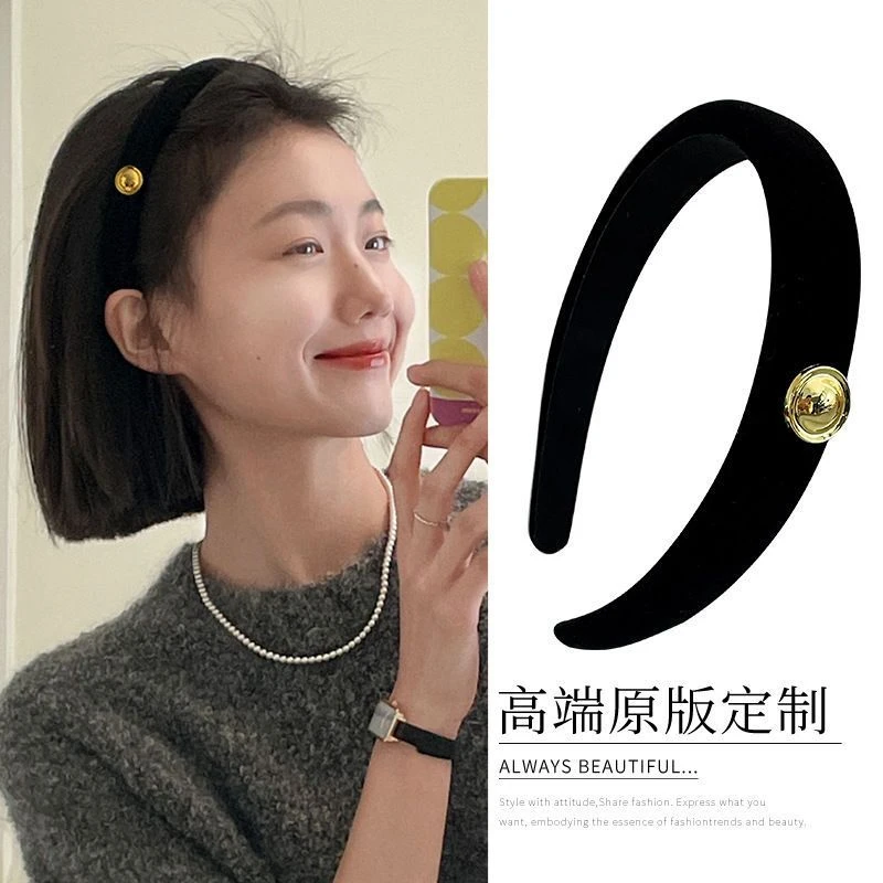 法式复古金标发箍夏季外出百搭简约风发卡发捆头箍黑色小香风丝绒