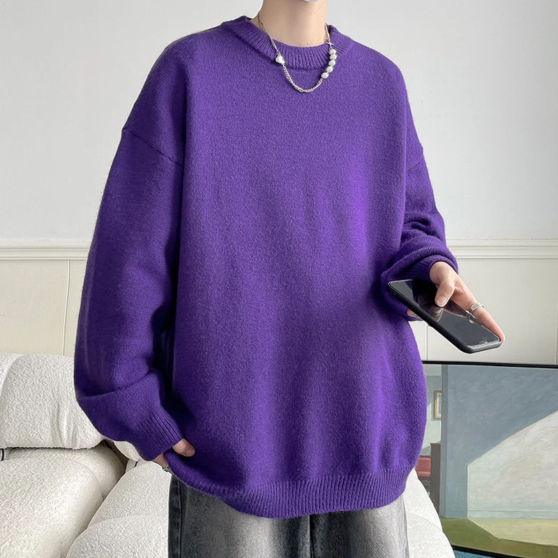 紫色毛衣男2023冬季新款日系慵懒风复古针织衫休闲百搭打底衫外套