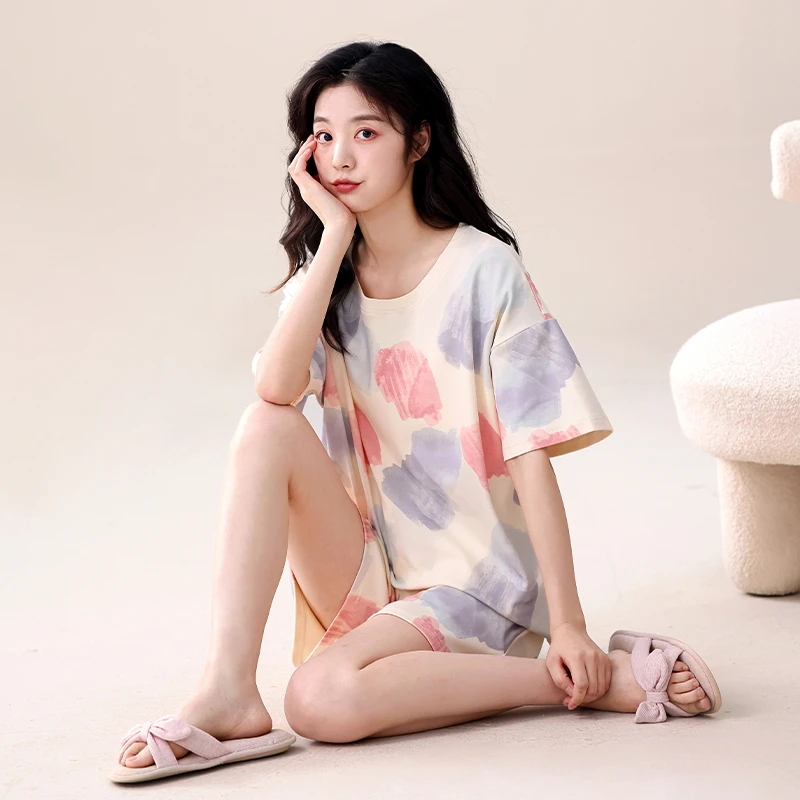 纯棉睡衣女夏季短袖短裤2024新款女士宽松套头可外穿家居服两件套