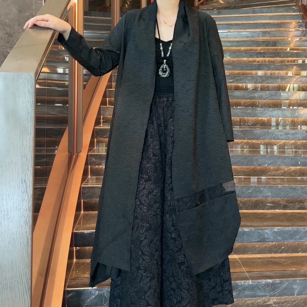 红熹潮〖hxc030黑色〗新款百搭时尚两边不规则设计师宽松气质风衣