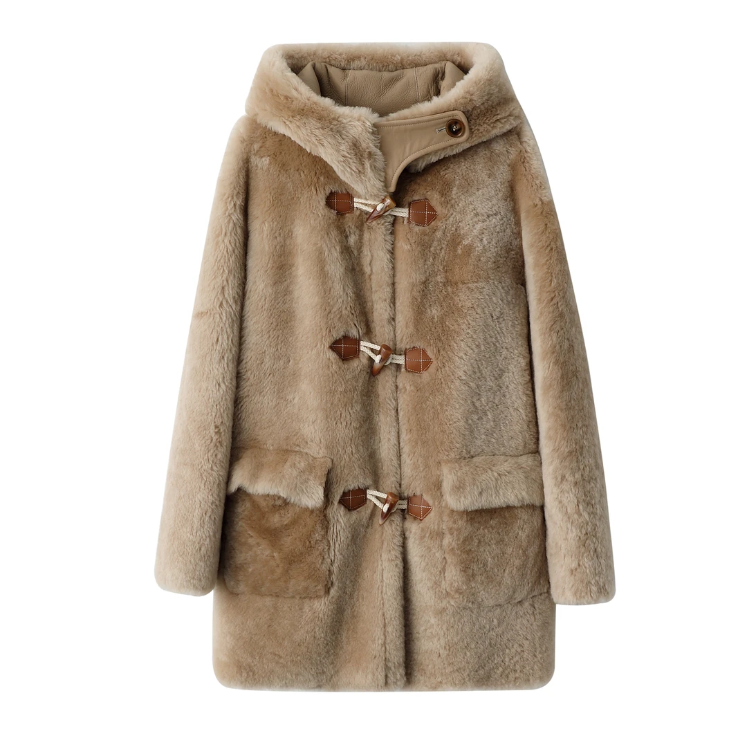 羊皮毛一体中长款连帽外套 4T650