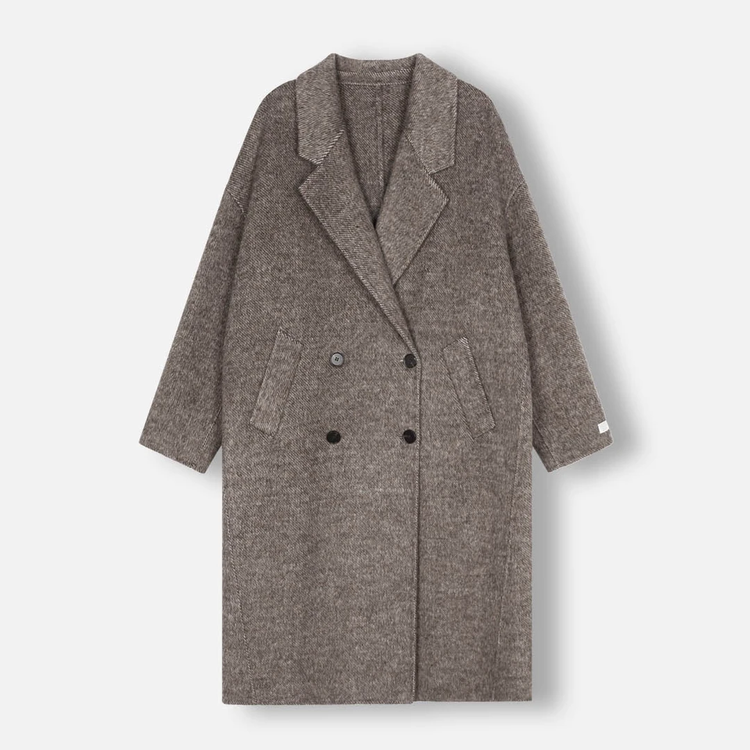 奈家宽松羊毛长款斜纹双面呢大衣4W12