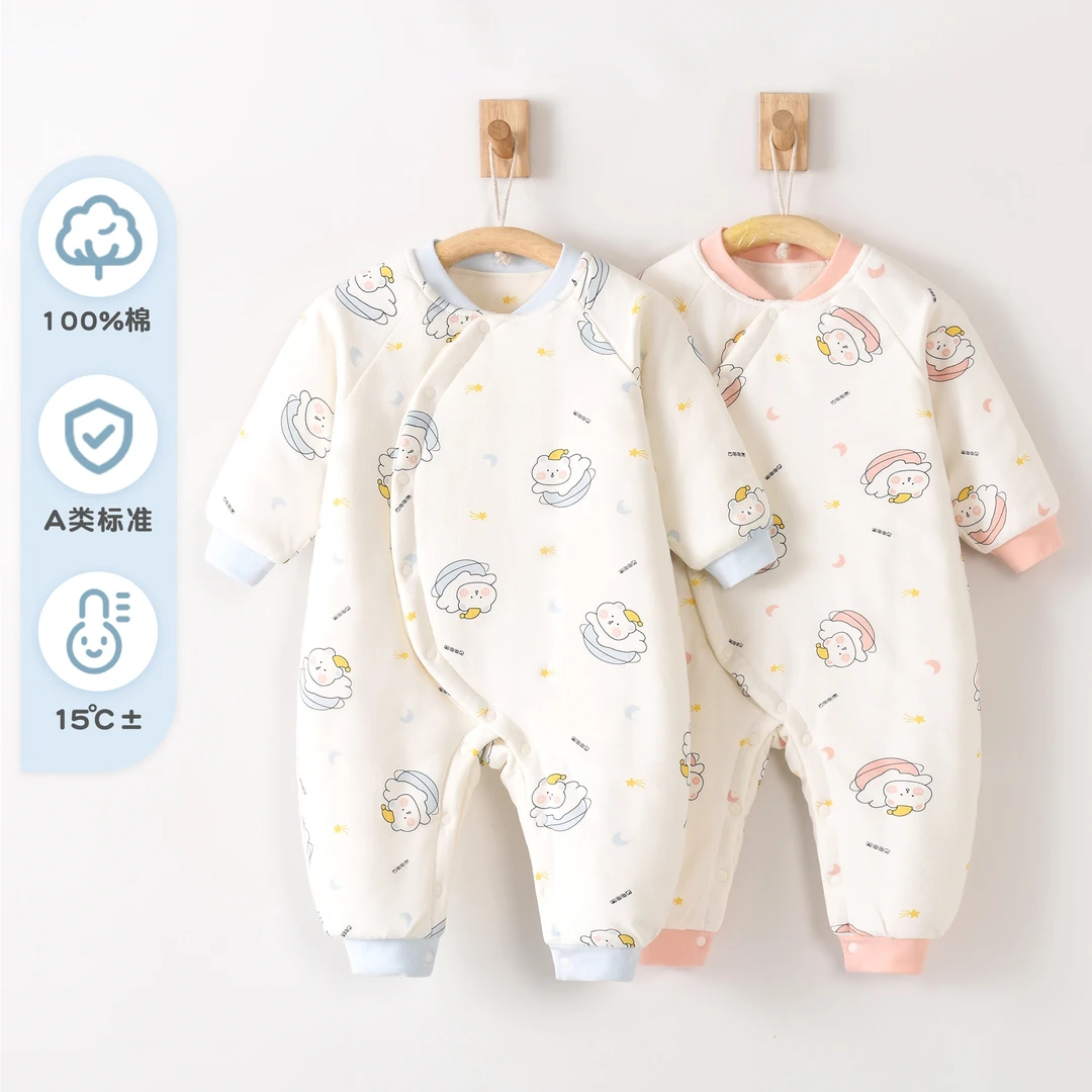 英乐熊太空熊纯棉秋冬款夹棉连体衣秋冬季婴儿棉服初生儿爬服偏开