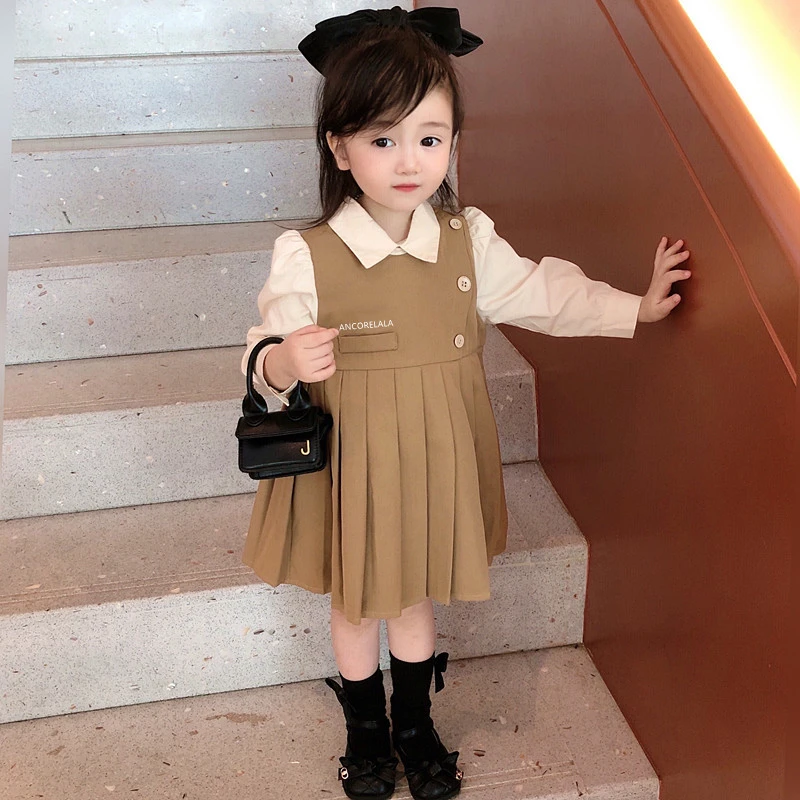 2025春秋学院风女宝洋气套装假两件纯色秋季春女童连衣裙学院儿童