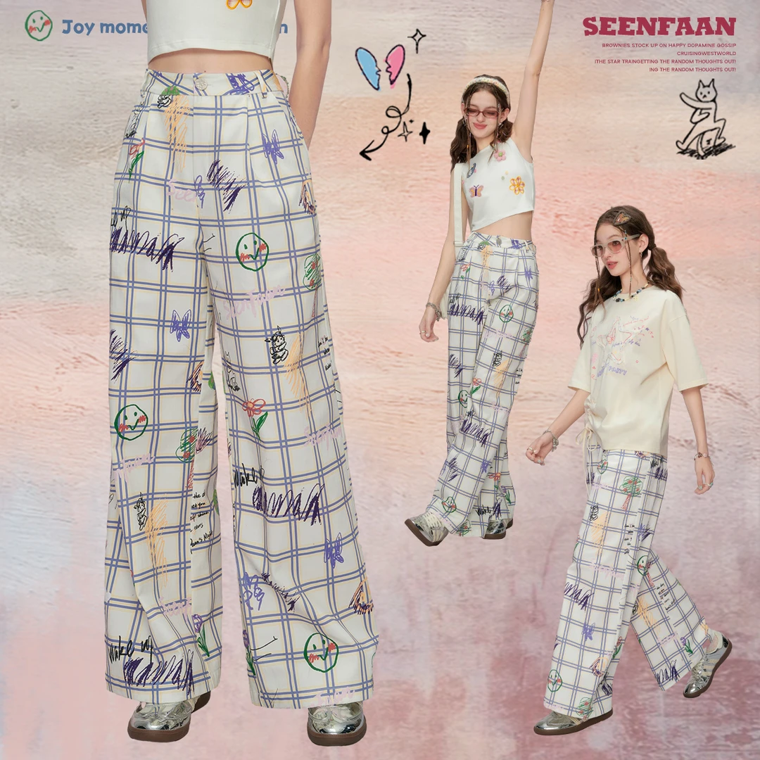 SEENFAAN盛放花色涂鸦格子休闲裤直筒阔腿裤子ESK001
