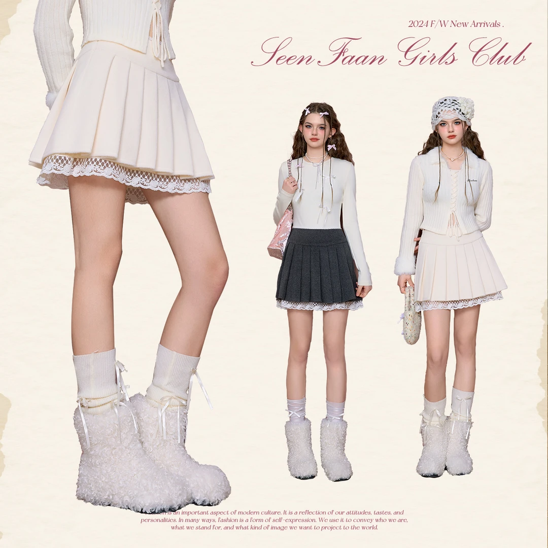 SEENFAAN盛放毛绒拼接蕾丝百褶短裙女半身裙ESS051