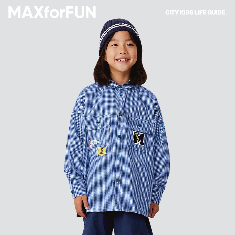 MAXforFUN童装23AW儿童细格纹衬衫徽章衬衣泡泡纯棉秋冬男女童