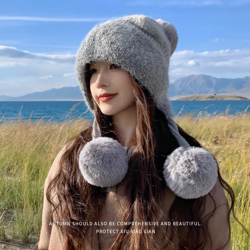 帽子女冬季加绒加厚毛茸茸防寒护耳毛线帽大头围显脸小保暖针织帽