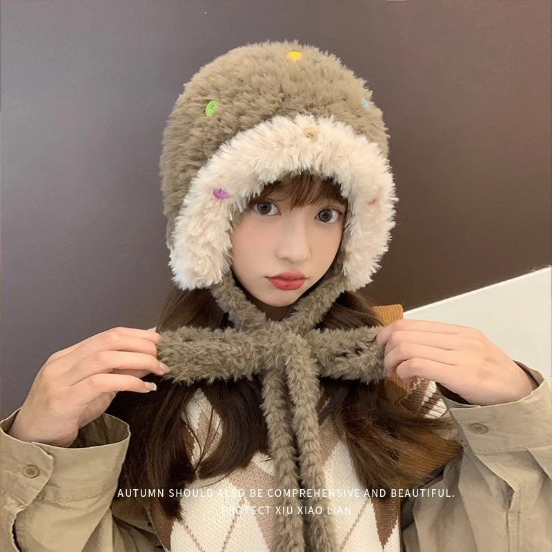 纽扣针织帽女冬季可爱显脸小毛绒保暖帽子网红同款护耳百搭毛线帽