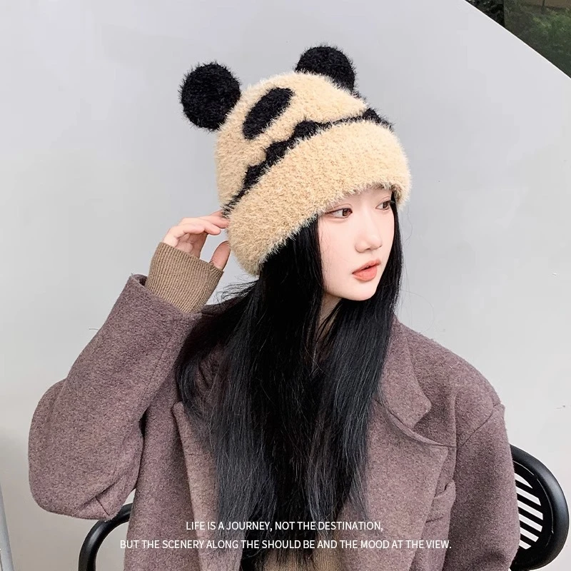 帽子女2023新款秋冬季百搭加绒针织帽甜美可爱小熊保暖护耳毛绒帽