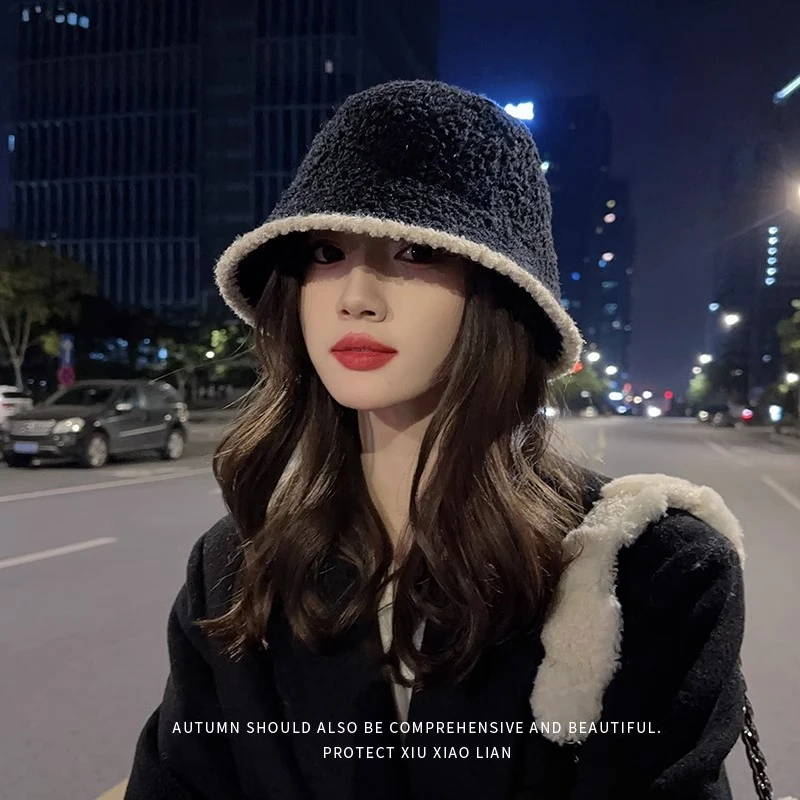 帽子女毛绒渔夫帽2023新款秋冬百搭显脸小盆帽冬季素颜针织水桶帽