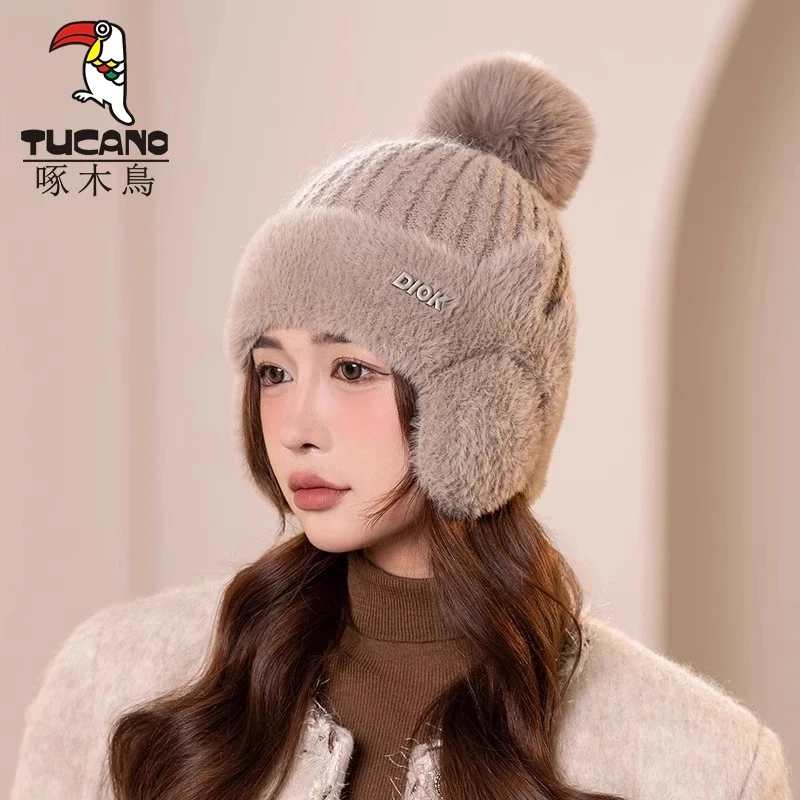 帽子女冬季加绒加厚保暖护耳套头帽骑行防寒百搭显脸小针织毛线帽