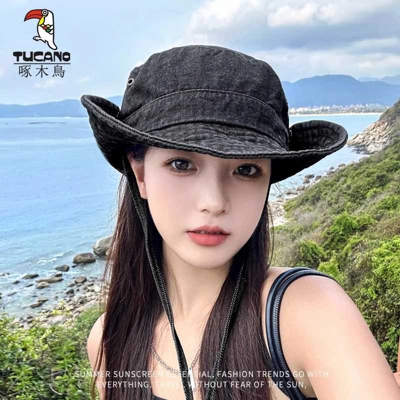 帽子女牛仔渔夫帽户外登山徒步西部牛仔帽大帽檐显脸小防晒遮阳帽
