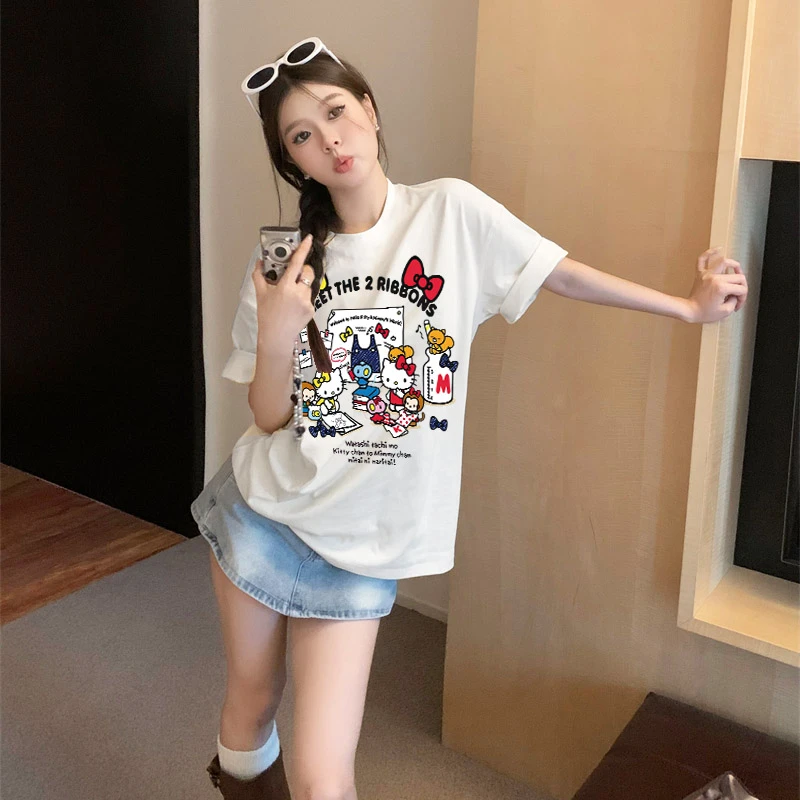 凯蒂猫夏季休闲百搭女装上衣ins韩版卡通印花纯棉短袖T恤大妈女装