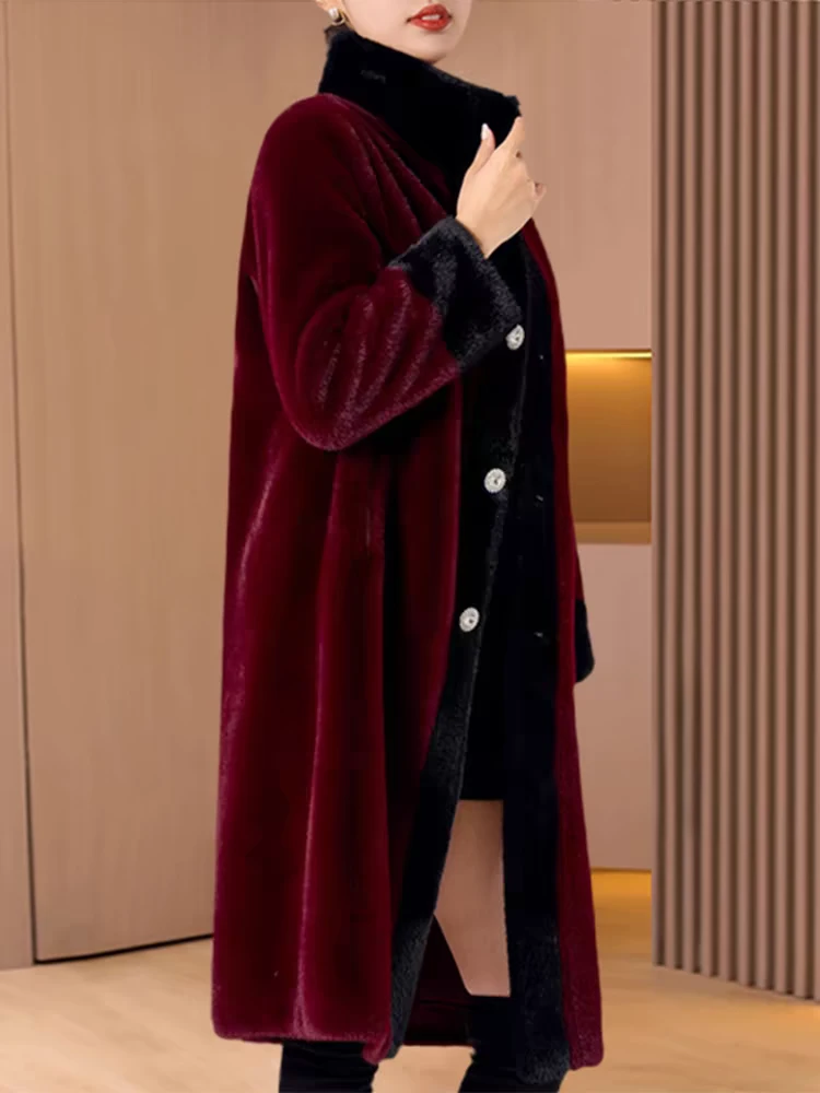 撞色中年冬季妈妈外套秋冬新款连帽海宁毛一体大衣