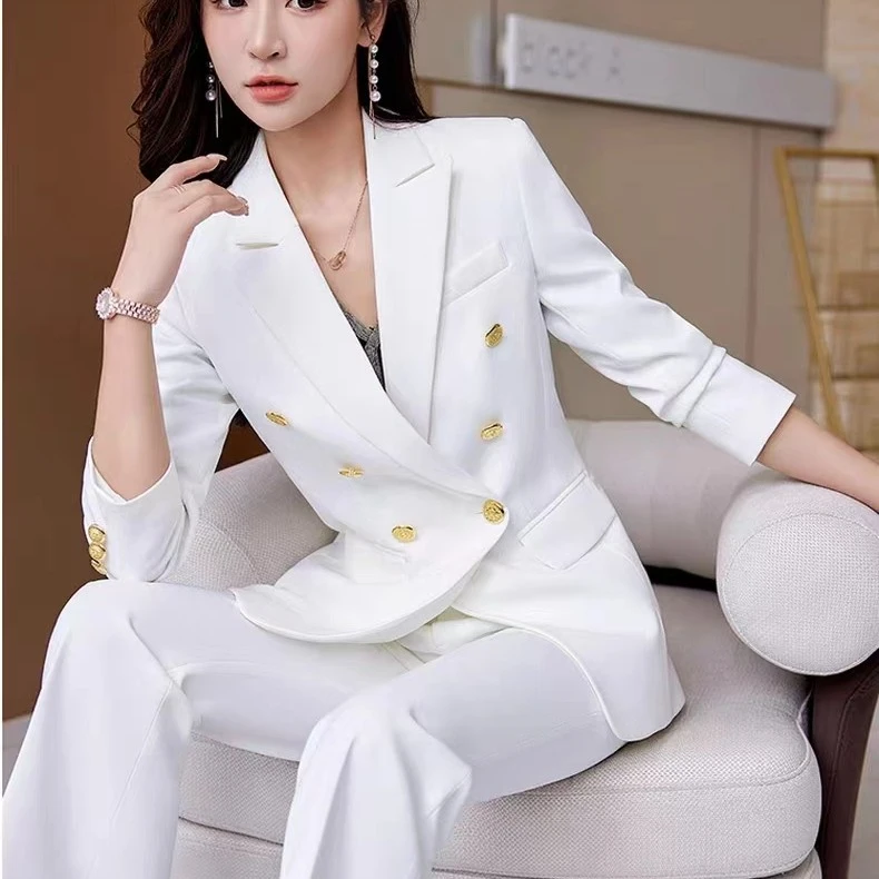 秋冬季新款时尚气质收腰显瘦双排扣喇叭裤西装套装职场白色西服