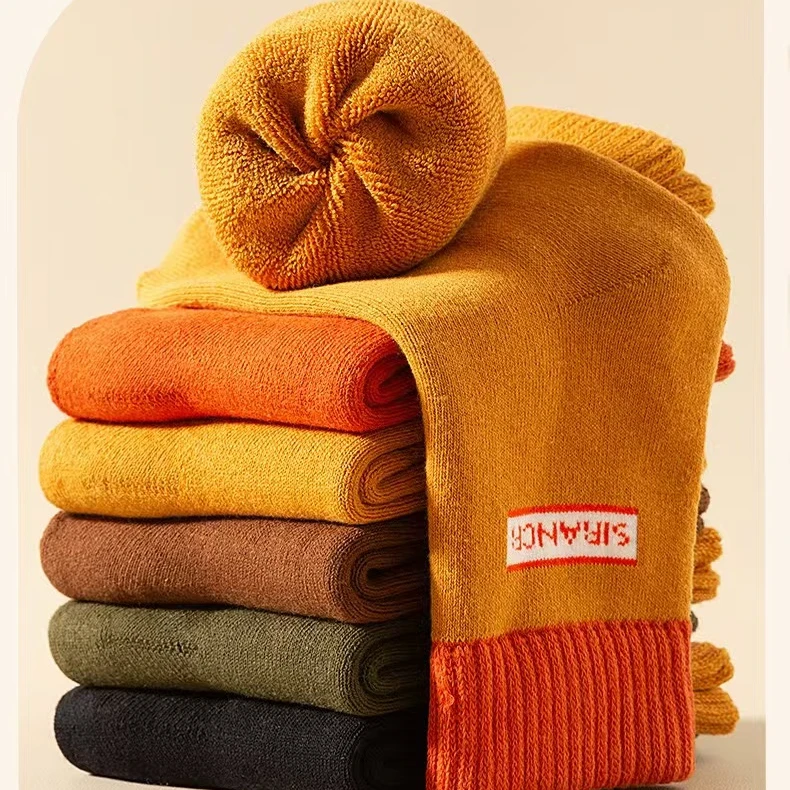 冬季厚袜子男款涤棉中筒加绒加厚保暖黑色大码毛圈松口中筒袜男士