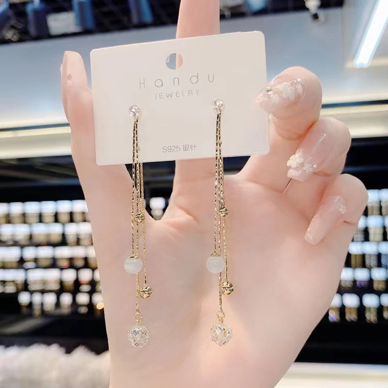 铜合金耳饰 C9韩版气质时尚长款两戴锆石流苏女显瘦耳环