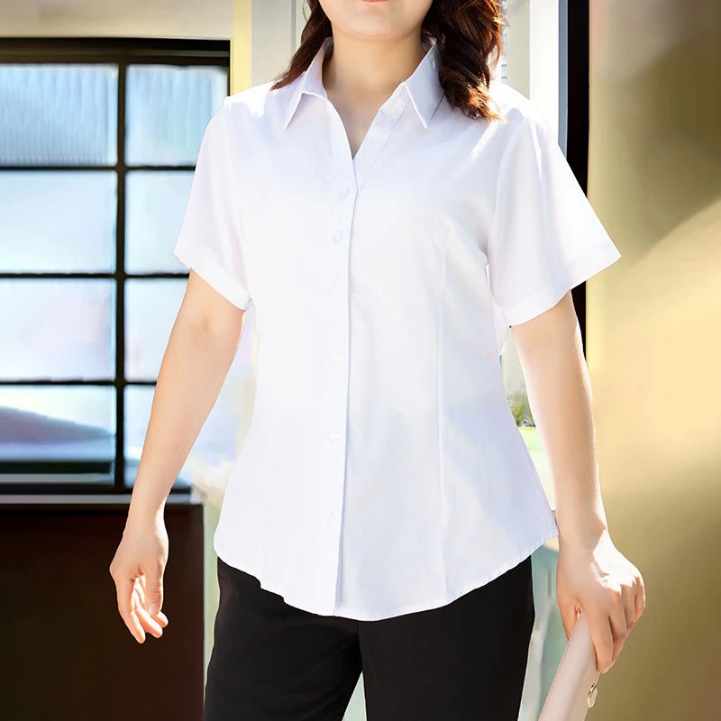 加肥加大码白衬衫女胖mm职业装工作服短袖衬衣v领通勤OL抗皱200斤