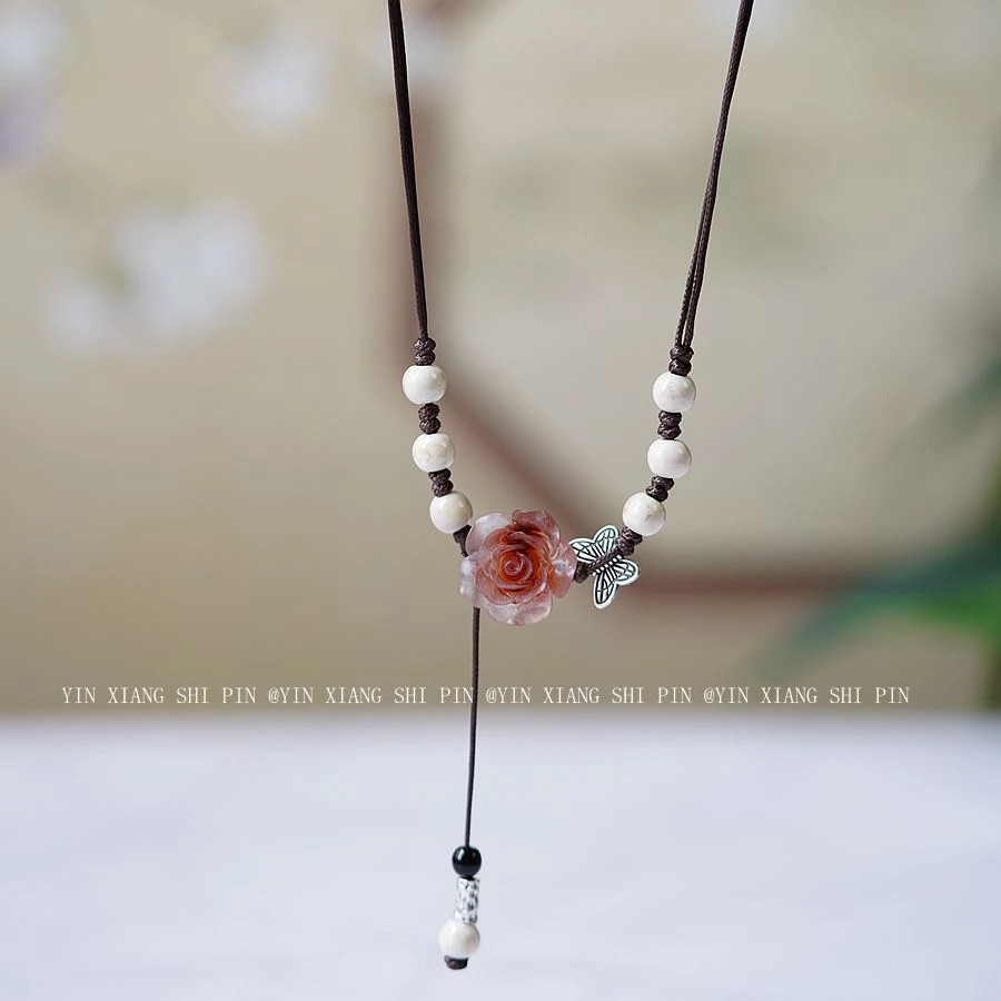 合金项链 山茶花项链女复古风新中式蝴蝶锁骨链轻奢国潮配饰挂绳