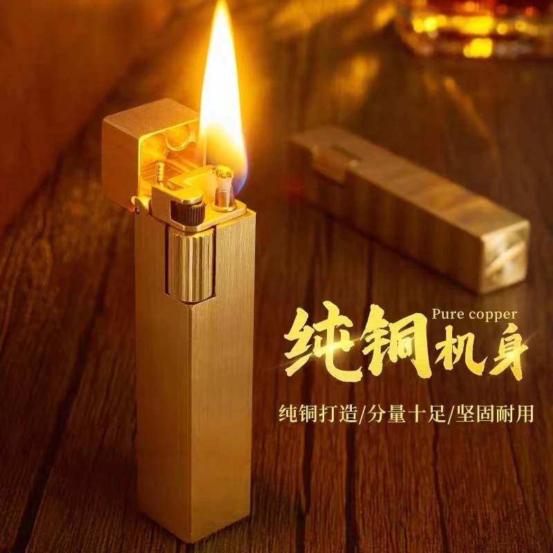 手工黄铜侧滑煤油打火机R09四方形复刻男士个性砂轮创意便携耐用