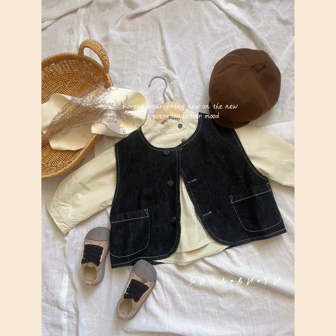 山不语【七月瑾】儿童韩版秋牛仔马甲+小立领衬衫+百搭休闲裤套装