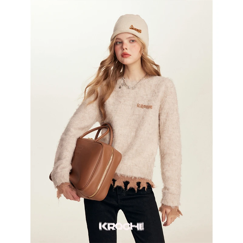 3378【金拐子专属】Kroche 撞色拼接宽松套头毛衣秋冬针织女上衣