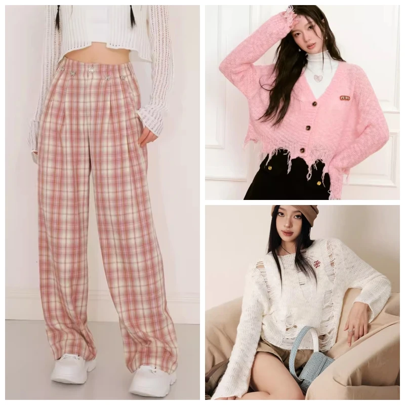 【雪宝粉丝专享】Kroche 高腰休闲格子阔腿拖地长裤