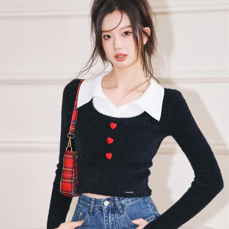 【小呆鸟专享】Kroche 植绒爱心扣 仿貂绒假两件针织打底衫