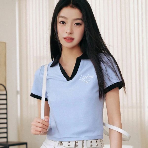 3096【金拐子专属】Liilou 撞色Polo领翻边字母绣花正肩短袖t恤女