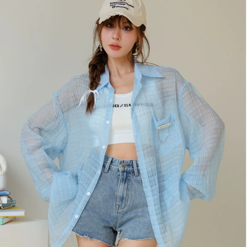 【小呆鸟专享】kroche 肌理格纹宽松长袖防晒衬衫