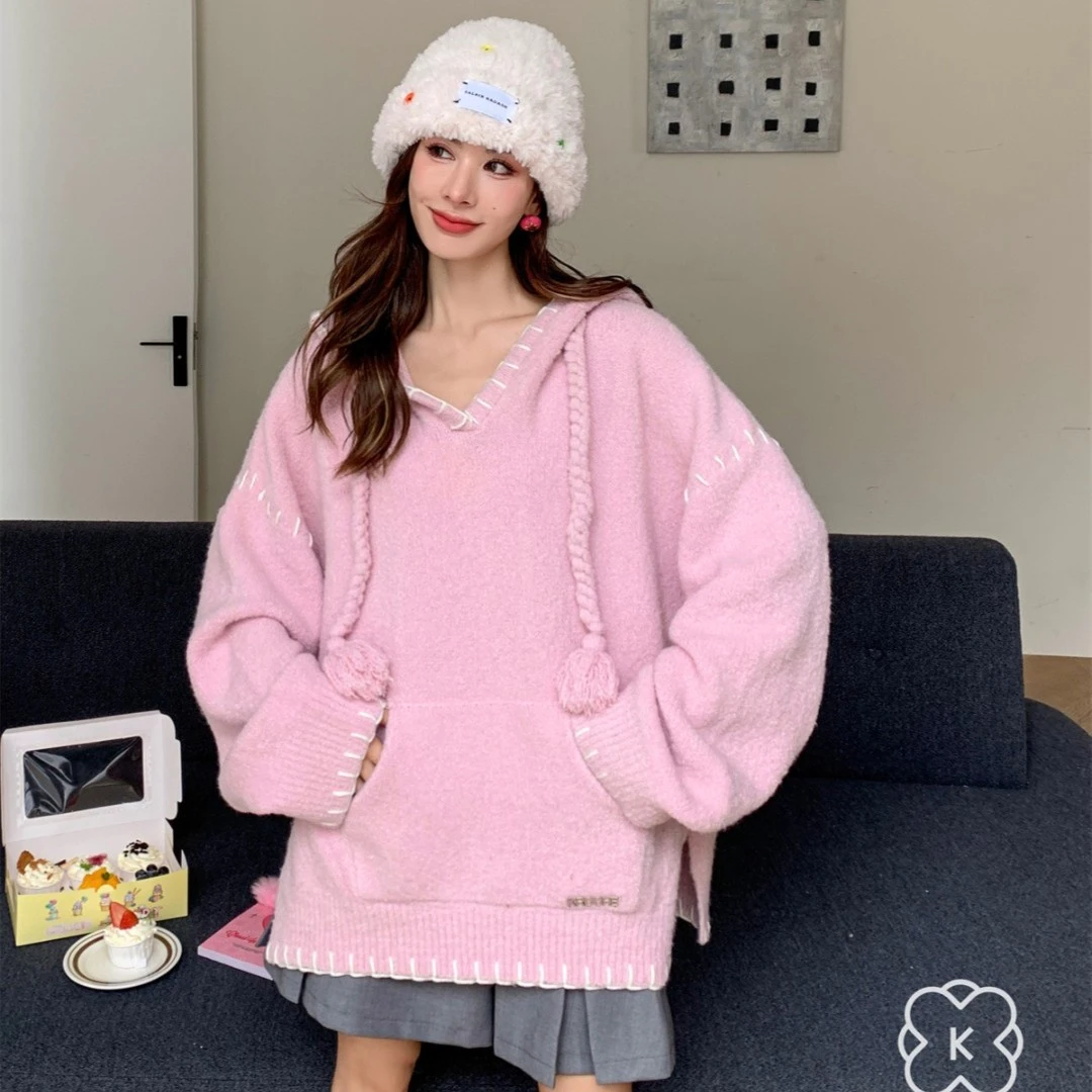 【小呆鸟专享】Kroche 手钩毛线穿绳针织连帽卫衣