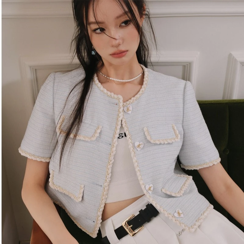 3212【金拐子专属】Kroche 撞色边小香风短袖外套