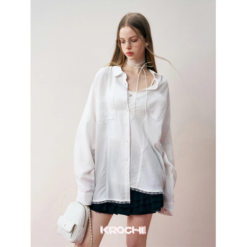 【梦一专属】Kroche 24SS 慵懒浪漫 蕾丝拼接 轻薄宽松长袖衬衫