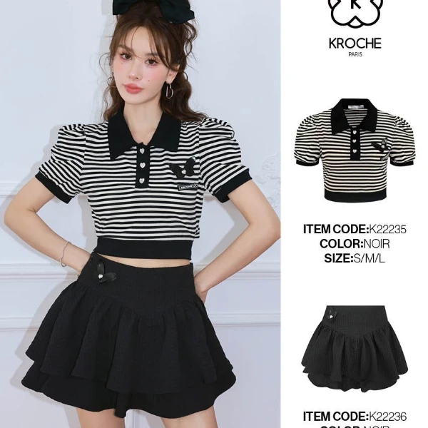 2235【金拐子专属】Kroche 撞色条纹立体蝴蝶短袖蓬蓬短裙套装
