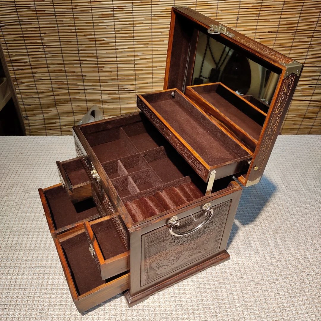 红木首饰盒大红枝酸实木收纳盒交趾黄檀嫁妆盒带锁绒布款锦上添花