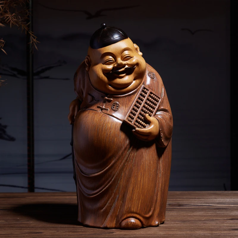 中式地主老爷摆件高档仿竹根木雕人物雕塑客厅玄关茶室装饰工艺品