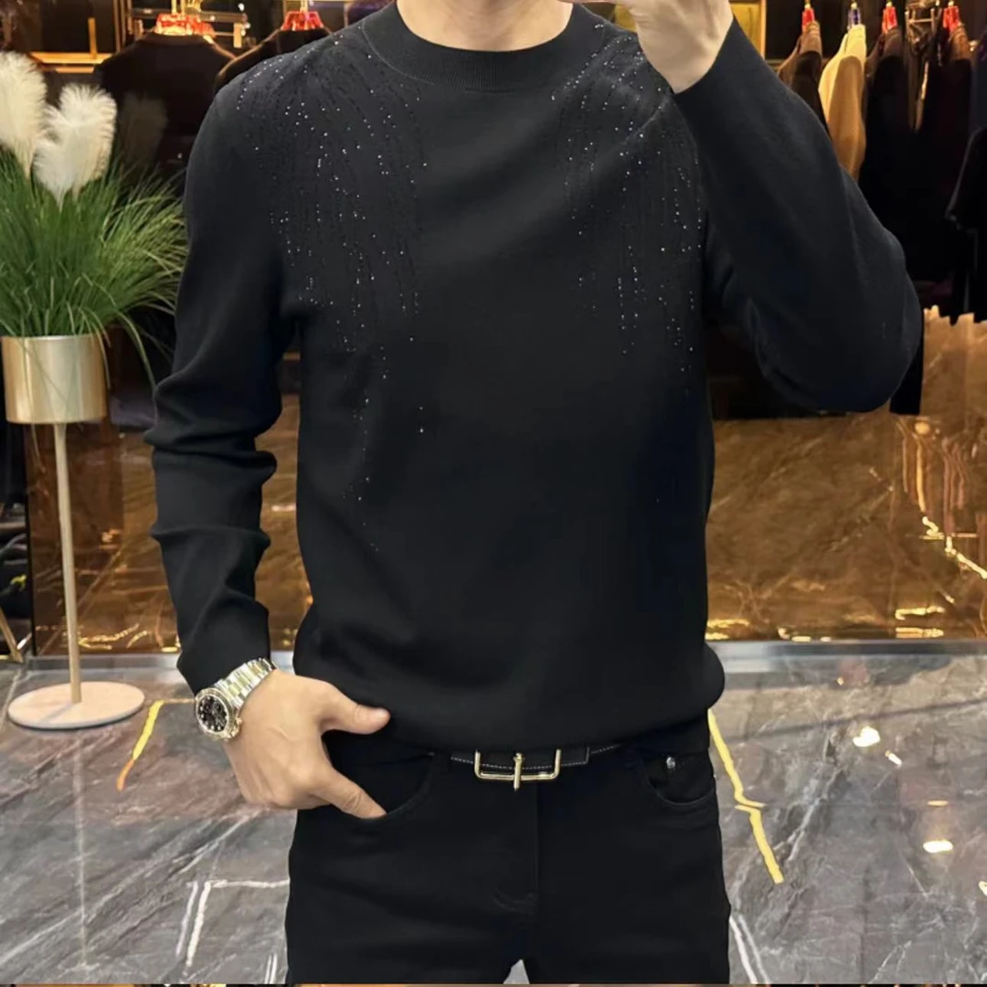 2024新款秋冬男士打底衫上衣圆领长袖印花时尚丝绒网红百搭