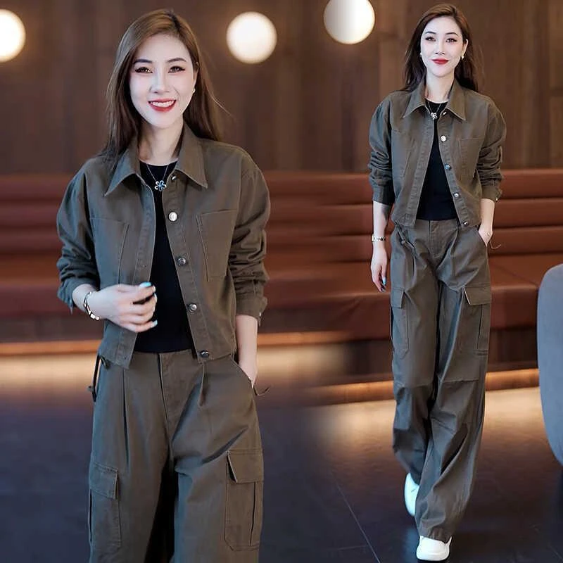 时尚工装套装女2024秋季新款洋气显瘦休闲短外套阔腿裤减龄两件套