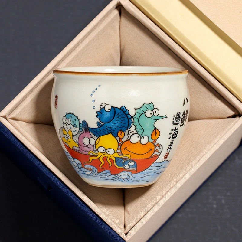 汝窑创意八鲜过海主人杯功夫茶杯高档个人专用风水缸杯定制品茗杯